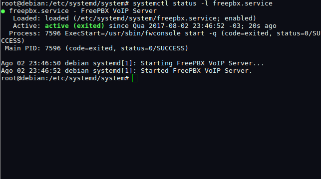 Saída do comando # systemctl status -l freepbx.service